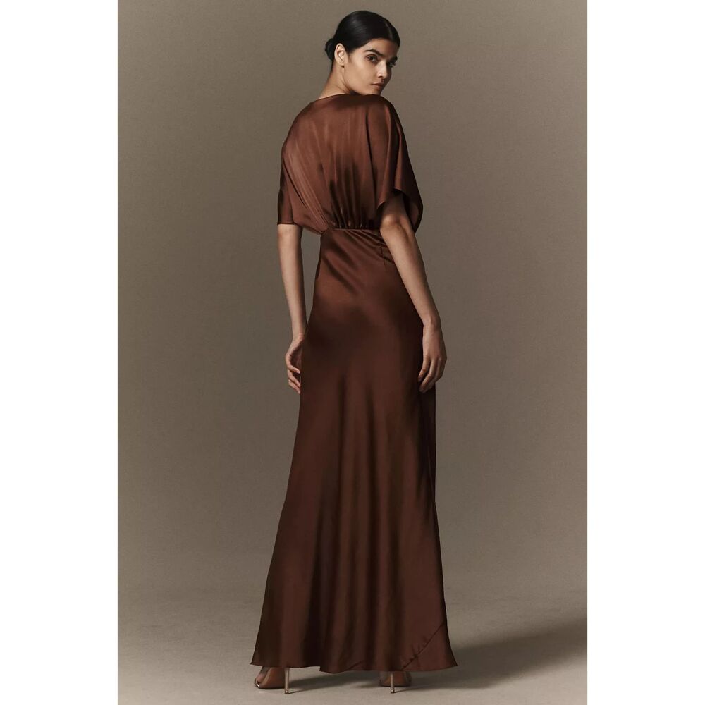 BHLDN Anthropologie Leila Dress Gown Satin Deep V Chocolate Size 2 - Picture 2 of 11